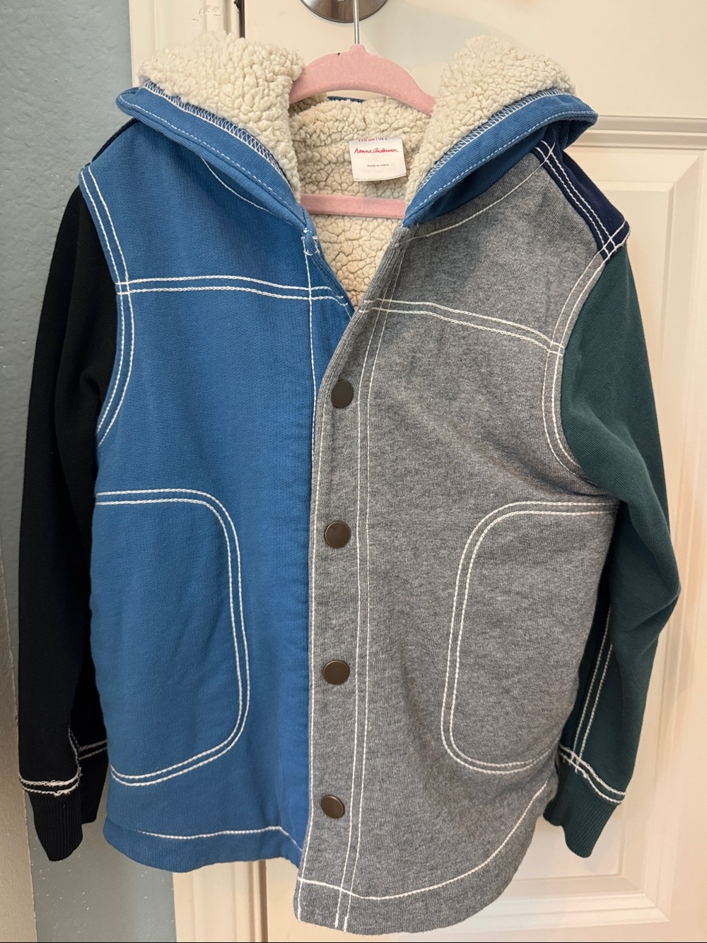 Hanna Andersson Colorblock Hooded Sweatshirt Jacket in Blue, Gray, Black & Green
